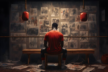 Intense focus and determination, A boxer mentally prepares in the locker room, gearing up for the...