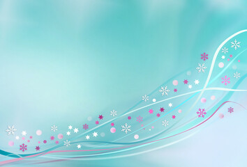 Abstract turquoise winter background  with border  from pink and white snowflakes ,stars and  wavy lines .Free copy space.   