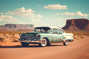 Poster A vintage-style photograph of a classic car on Route 66, Generative AI © MONWARA