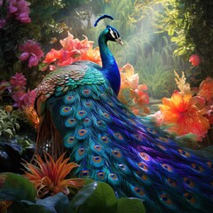 Fototapeta premium Regal peacock displaying vibrant feathers in a lush garden