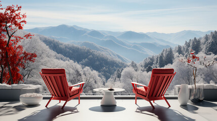 Mountain resort patio - two read chairs - beautiful scenery - winter - vacation - getaway - inspired by the mountain scenery of western North Carolina  - obrazy, fototapety, plakaty