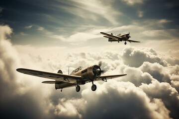Fototapeta na wymiar Two vintage warplanes in flight formation amidst the clouds. Generative AI