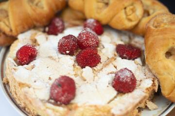 Pie with berries. Apple pie with strawberries. Sweet food.