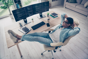 Full size body photo of young guy server administrator control cyber security corporation just...