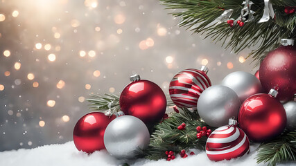 Naklejka na ściany i meble Christmas background with baubles and fir tree.