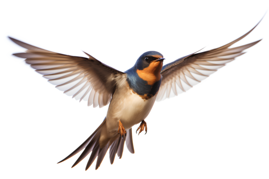 Barn Swallow Flying wings spread, bird, Hirundo rustica, flying against a white Or Transparent background, Generative AI