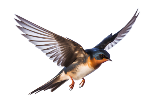 Barn Swallow Flying wings spread, bird, Hirundo rustica, flying against a white Or Transparent background, Generative AI