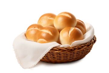 Basket with fresh Swiss buns on a white background