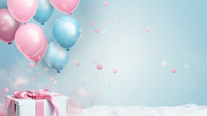Gender reveal party, balloons. Web banner with copy space - obrazy, fototapety, plakaty