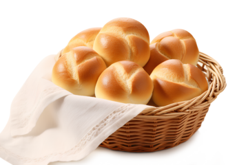 Basket with fresh Swiss buns on a white background