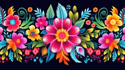 Fototapeta na wymiar Mexican embroidery, flowers, floral ethnic pattern. Web banner with copy space