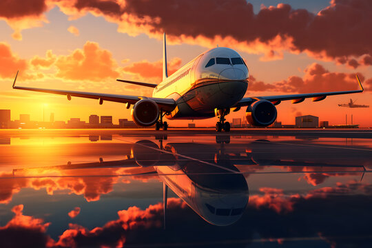 Capturing the golden hour's radiant glow, an airplane's reflection shimmers on the airport runway. Stunning AI-generated art.