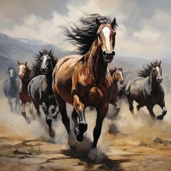 Herd of wild horses galloping across an open prairie