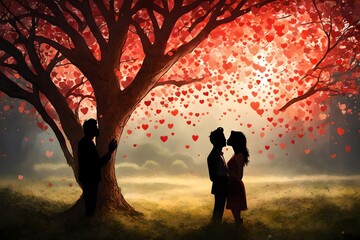 Design an image of a couple's silhouette kissing under a heart-shaped tree canopy