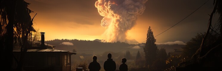 A nuclear explosion day and night from an apartment window, a stormy sky, a shock wave against the background of a nuclear mushroom in the process of releasing thermal 