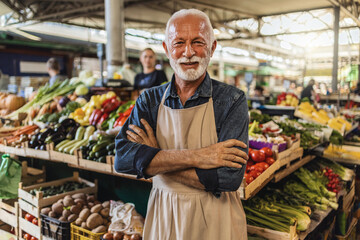 An Caucasian senior vegetable stall owner portrait looking at camera smiling.