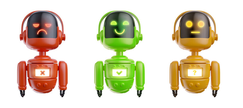 3d render cute color robot different emotion in realistic cartoon style. Set funny technology character. Concept art online assistant, bot or funny helper. Artificial intelligence modern creature.