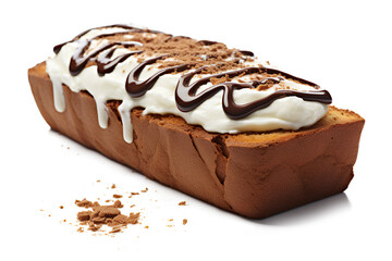 Brown bread with white cream and chocolate syrup Transparent or white background, Generative AI