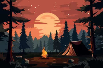 Fotobehang Chocoladebruin Evening camping background. There is a tent in the forest and a fire is burning.  © Rina Antipina