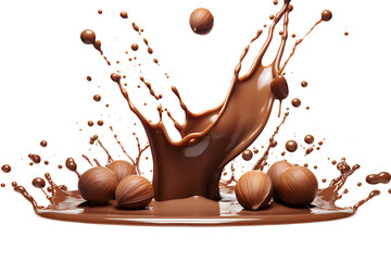 Chocolate spread splash with hazelnuts inside pouring liquid chocolate isolated on a white background, Generative AI