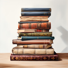 Old books with thick covers are stacked on top of each other and isolated on white background.