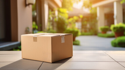 Carton boxes in front of house, online courier delivery concept with parcel on the street