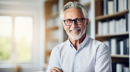 Portrait of aged business man in eyeglasses with grey hair at home office looking at a camera - obrazy, fototapety, plakaty