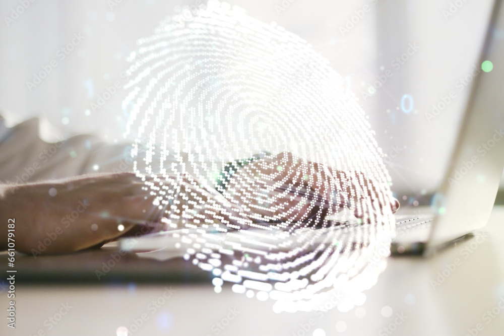 Poster multi exposure of abstract graphic fingerprint sketch with hands typing on computer keyboard on back