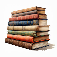 Old books with thick covers are stacked on top of each other and isolated on white background.
