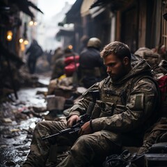 military soldier at war with gun in hand, infantry ground operation in mud and bad weather conditions. Dangerous job. Male infantryman. Concept: protection of the country and population.