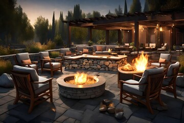 Fototapeta na wymiar An image of a beautiful outdoor seating area, with several luxurious chairs arranged around a fire pit.
