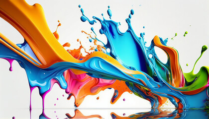 abstract background with splashes,  Abstract colorful bright vivid colors liquid acrylic paint motion flow on white background, Ai generated image 