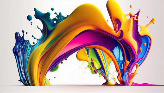 abstract background with splashes,  Abstract colorful bright vivid colors liquid acrylic paint motion flow on white background, Ai generated image 