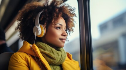 Young african woman with headphone listening music inside of a bus