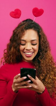 Shocked young woman gets successful match on dating profile, studio hearts