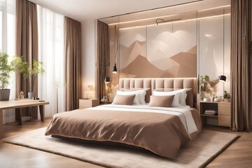 Cozy bedroom interior in a contemporary design. The room is in pastel brown with a large double bed. Double room in hotel 