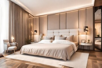 Cozy bedroom interior in a contemporary design. The room is in pastel brown with a large double bed. Double room in hotel 