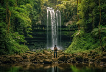 Fototapeta premium Scenic view of waterfall in Autum forest