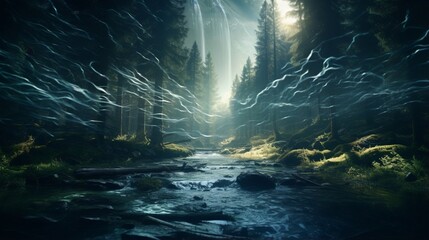 An imaginative double exposure composition that combines a dense, mystical forest with the flowing currents of a winding river, evoking a sense of mystery and exploration