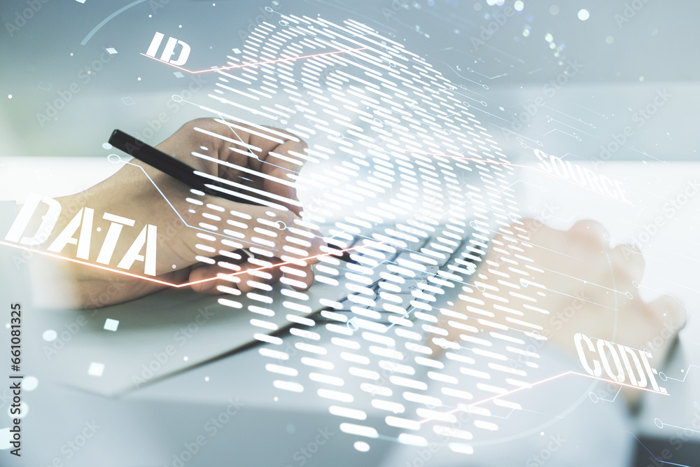 Poster double exposure of abstract creative fingerprint hologram with hand writing in notepad on background