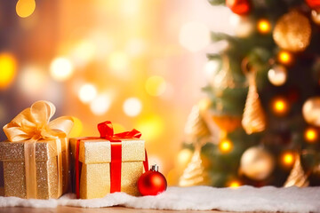 Fototapeta na wymiar Enchanting Gift Boxes and Stars near Christmas Tree with Copy Space