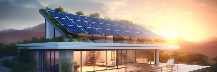 Futuristic generic smart home with solar panels rooftop system for renewable energy concepts as wide banner, Generative AI - obrazy, fototapety, plakaty