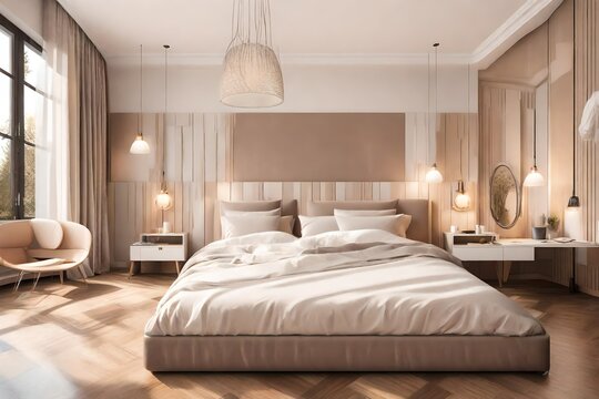 Cozy bedroom interior in a contemporary design. The room is in pastel brown with a large double bed. Double room in hotel
