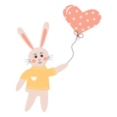 Cute rabbit with heart balloon. Easter bunny boy. Cartoon forest character