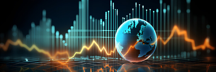 Global business growth analysis and asset investment chart business and finance up arrow holographic economic chart, global economic trend analysis, Generative AI - obrazy, fototapety, plakaty