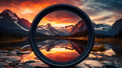 A close-up of a camera lens superimposed over a vibrant sunset, illustrating the concept of capturing the essence of nature through photography - obrazy, fototapety, plakaty