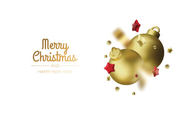 Happy New Year and Merry Christmas. Christmas holiday background with realistic 3d objects,gold and red bauble balls, conical metal stars. Levitation falling design composition.