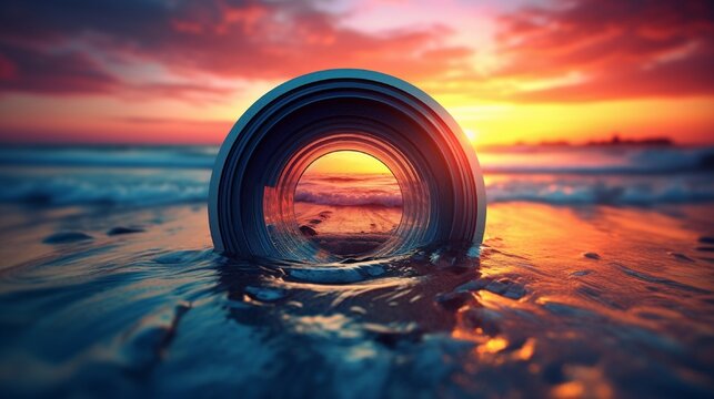 A close-up of a camera lens superimposed over a vibrant sunset, illustrating the concept of capturing the essence of nature through photography