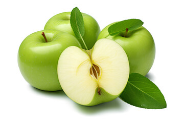 Green apple, The fruit is cut into quarters, composition of green leaves isolated on a transparent background, Generative AI