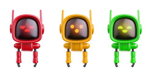 3d render cute emotion robot in realistic cartoon style. Set funny technology character. Concept art science or business online assistant, bot or funny helper. Artificial intelligence modern creature.